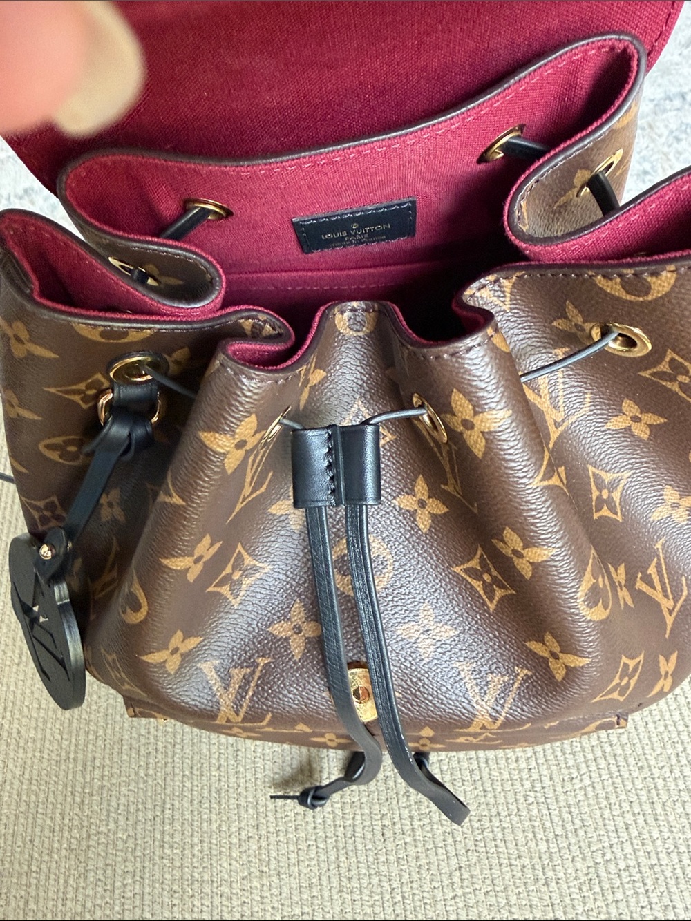 Louis Vuitton Brown Monogram Canvas Backpack with Black Flap and Red Interior - Picture 5 of 7